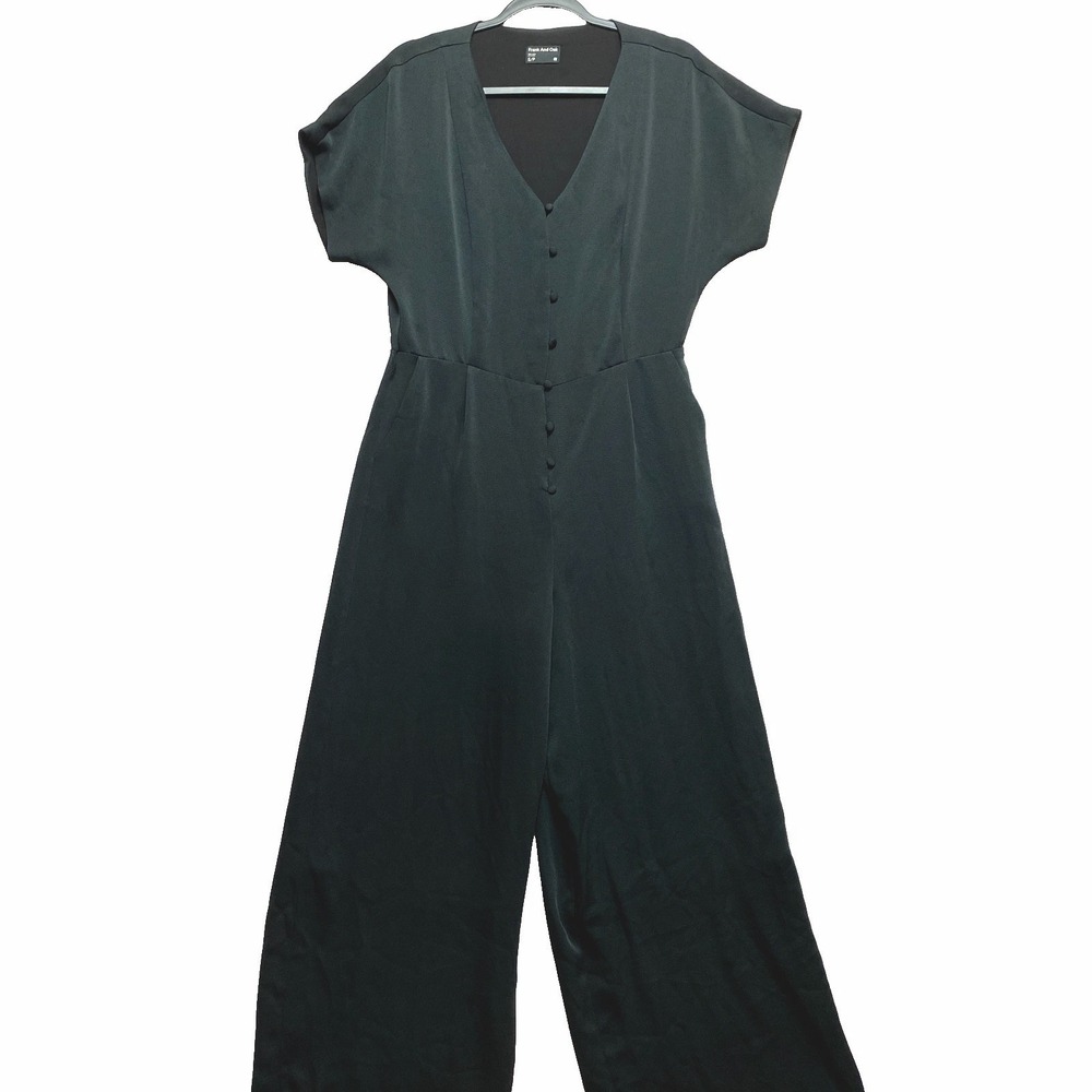 Frank & Oak Jumpsuit Womens Small Petite Black Wide Leg Elastic Waist V-Neck